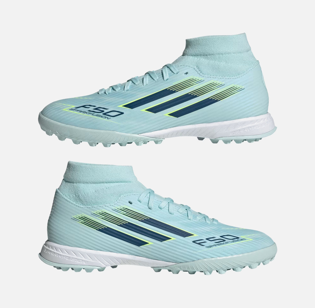 Ghete de fotbal pentru bărbați tip crampoane ADIDAS F50 Sparkfusion League TF Albastru/Petrol/Galben JR9003