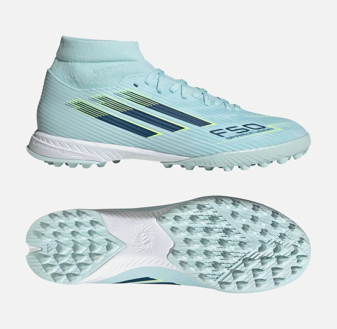 Ghete de fotbal pentru bărbați tip crampoane ADIDAS F50 Sparkfusion League TF Albastru/Petrol/Galben JR9003